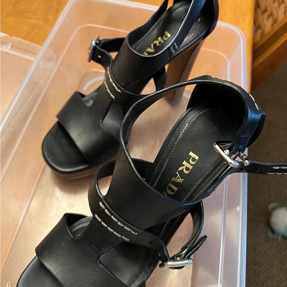 Black Prada leather heeled platforms. Size 35 in European size. US size 5